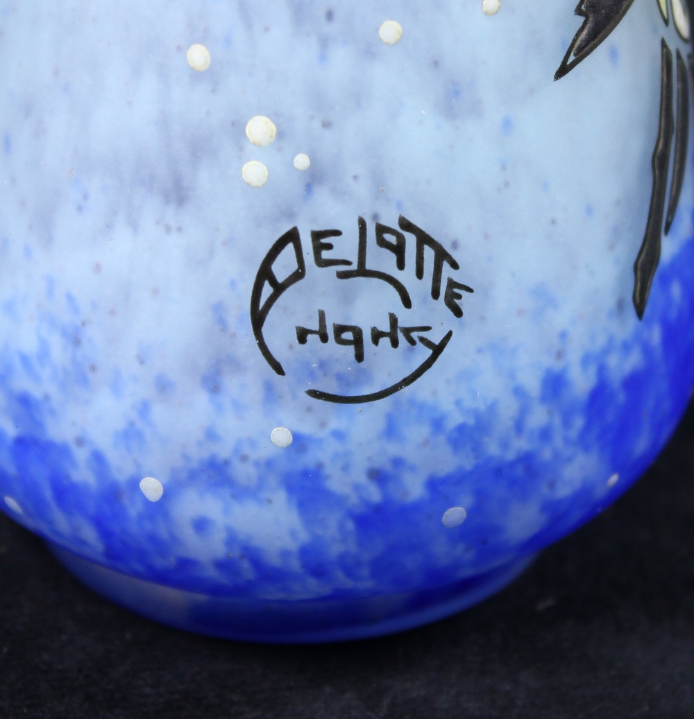 Andre Delatte, Nancy, France, enamel decorated art glass vase, having floral designs on a blue - Image 3 of 5