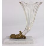 French Regency gilt bronze and crystal cornucopia vase, attributed to Baccarat, with a brass ram's