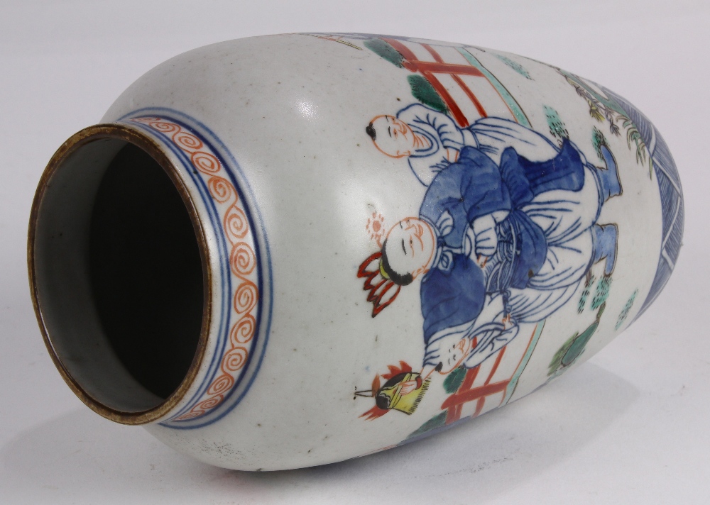 Chinese wucai decorated porcelain jar, the oval body decorated with children playing in the - Image 6 of 6