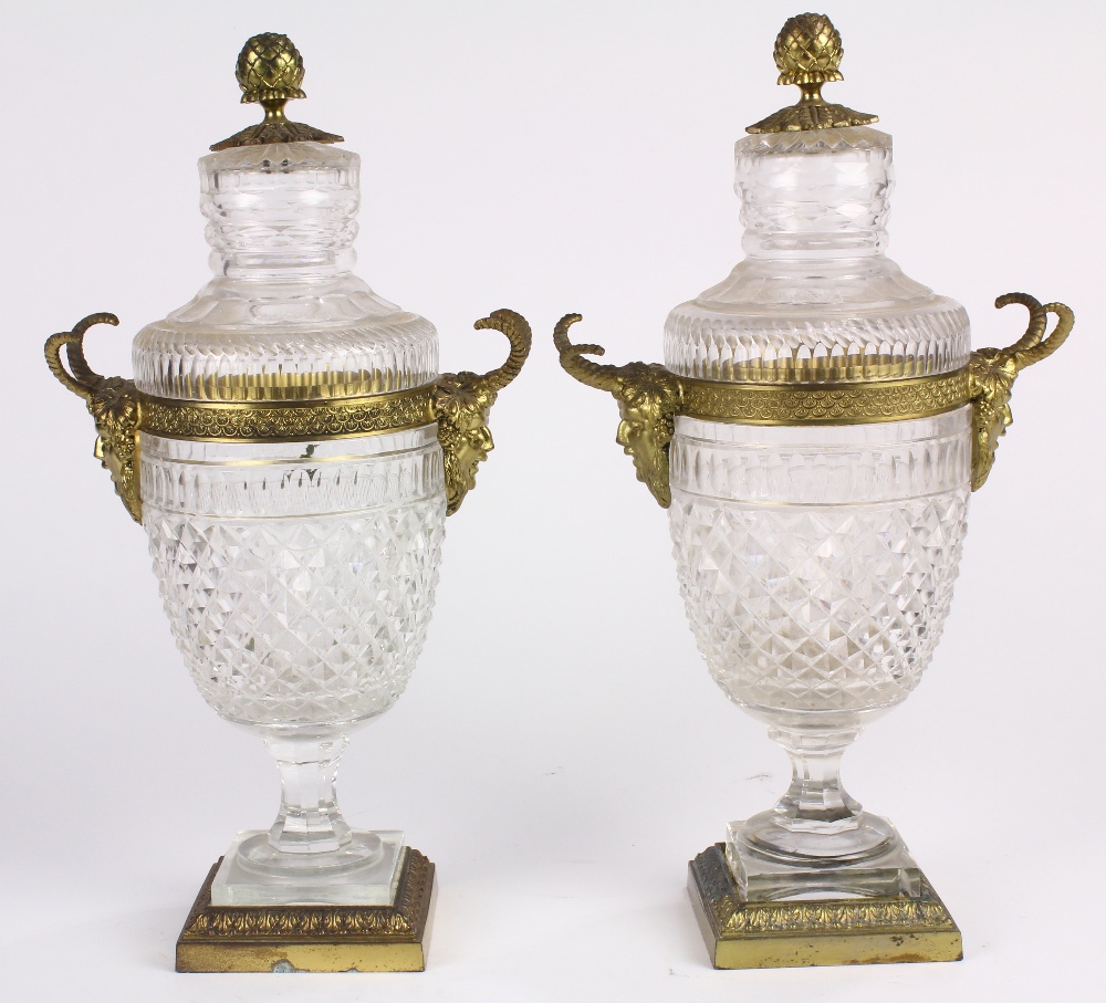 Pair of Neoclassical style cut glass and ormolu lidded urns, the baluster form flanked by mystical - Image 3 of 4