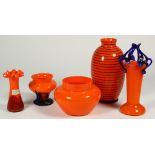 (Lot of 9) Czech art glass group, consisting of vases in orange glass with black, blue and red