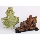 (lot of 2) Chinese calcite carving of a lidded tripod censer, overall of yellow green glaze with