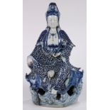 Chinese underglaze blue porcelain Guanyin, seated in royal ease and holding a ruyi scepter, 18"h