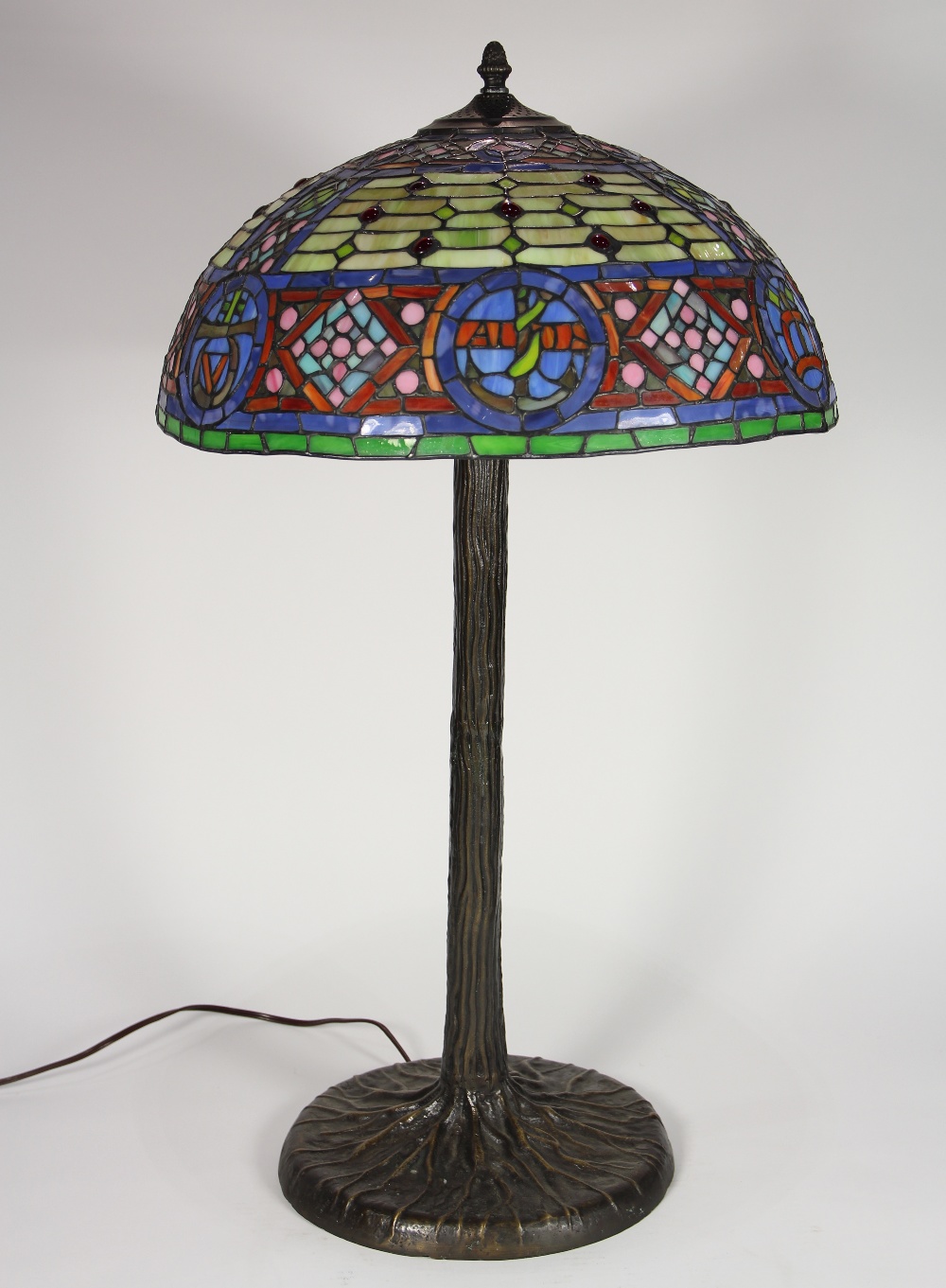 Tiffany style leaded glass table lamp, having a dome shade with multi-colored geometric - Image 2 of 5