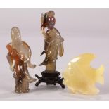 (lot of 3) Chinese stone carvings, consisting of an angel fish; and two agate carvings of two of the