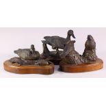 (Lot of 3) Bruce Killen bronze bird form statues, including a duck sitting on a log, a pair of