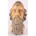 Carved wood South American figural bust, possibly religious, depicting a man with stylized