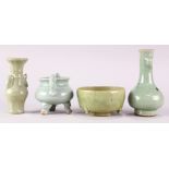 (lot of 4) Chinese celadon glazed censers and vases, consisting of one with a wide shallow body