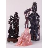 (lot of 3) Group of Chinese figural carvings, the first a rose quartz seated official with a cup;