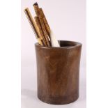 (lot of 8) Chinese hardwood brush pot, with flared rim and a slightly tapering body; together with