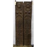 Pair of Southeast Asian relief carved doors, each plank features a stylized female and reptile