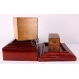 (lot of 8) Japanese lacquered set of five boxes, each with a lid; the second, a small hanko bako