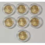 (Lot of 7) United States five dollar American Eagle 1/10 oz. gold bullion coins, 1989, each in a