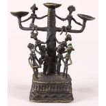 Indian figural bronze oil lamp, early 20th century, the lamp in the form of a tree, accented with