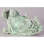 Chinese jadeite figural carving, of a seated Budai accompanied by five children, 12.5"w