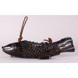 Japanese wooden koi carp jizai kagi (hearth hook) with rope and iron hook, 19th century, lacquered