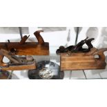 (lot of 20) Three shelves of mostly wood working tools, including a level, iron weights; corn