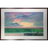 American School (20th century), Untitled (Sunset Over a River), lithograph in colors, pencil