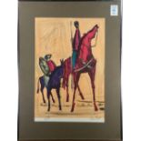 American School (20th century), Men on Horseback, lithogrpah in colors, pencil signed indistinctly