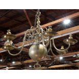 Dutch bombe style six-light brass chandelier, each having scrolled arms, 30"h x 38"dia.