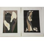 (lot of 2) Kawano Kaoru (Japanese, 1916-1965), 'Doves and Girl' and 'Girl and Cala Lilies',