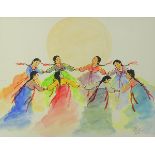 Girls Dancing in a Circle, 2001, watercolor on paper, pencil signed "Pak" and dated lower right,