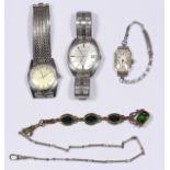 Collection of wristwatches and watch chains including an Art Deco lady's Waltham, 15 jewels, 14k