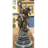 Patinated bronze figural sculpture, after Auguste Moreau, titled "Love Song", depicting a putto