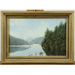 American Folk Art School (19th century), "View on Mount Wascom Lake, Norfolk VA," oil on canvas,