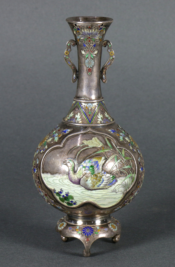 Japanese silver cloisonné vase, Meiji period, handled stick neck with polychrome enameled