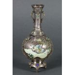 Japanese silver cloisonné vase, Meiji period, handled stick neck with polychrome enameled