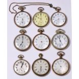 (lot of 9) Collection of pocket watches including an Elgin model 573, 17 jewels, (5) adjustments,