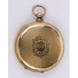 M. I. Tobias 18k yellow gold key wind open face pocket watch Dial: engraved yellow gold, applied