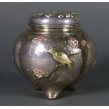 Japanese silver koro censer, Meiji period, the melon shaped globular body with enameled plum