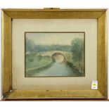 River Bridge, watercolor, unsigned, 20th century, overall (with frame): 19"h x 22.5"w