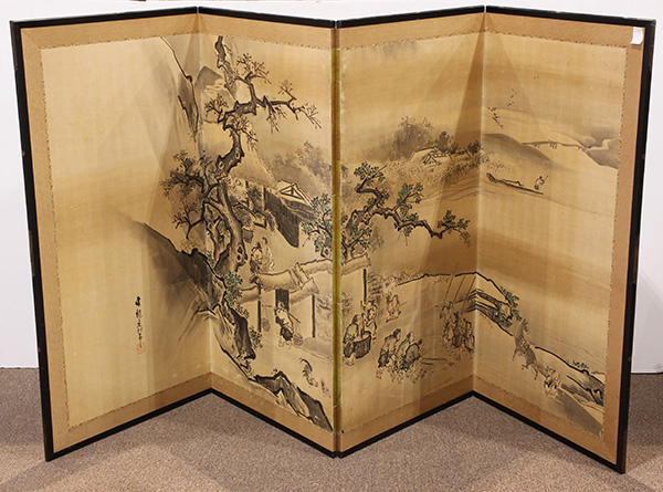 Japanese four-panel byobu screen, Edo period, ink and color on paper, by Ishida Yutei (1756-1815),