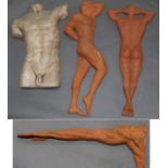 (lot of 4) Figural sculpture group, each wall hanging sculpture depicting the human figure, one