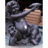 Baroque style patinated bronze fountain, having a reclining winged putto holding a shell, the