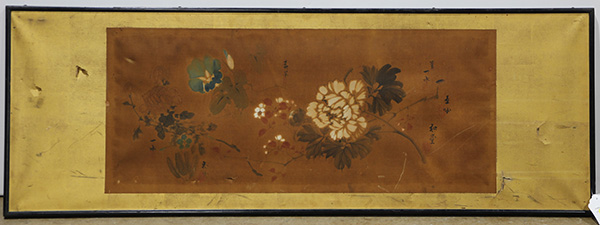 Japanese panel with a painting, 19th century, ink and color on silk, depicting flowers including a