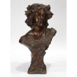 Patinated metal figural sculpture, after Moreau, depicting a bust of a young beauty, 28"h