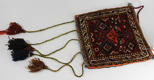 (Lot of 6) Woven wool carpet and Bahtiyari salt bags, with multicolor tassels, straps, and - Image 3 of 7