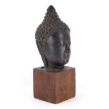 Thai Sukhothai style bronze Buddha head, the serene face with downcast eyes, below a tall ushinisha,