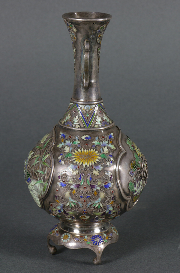 Japanese silver cloisonné vase, Meiji period, handled stick neck with polychrome enameled - Image 2 of 6