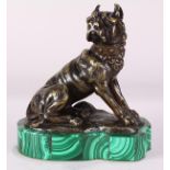 Continental patinated bronze sculpture of a dog, rising on a free form malachite veneer base, 8.5"