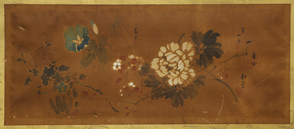 Japanese panel with a painting, 19th century, ink and color on silk, depicting flowers including a - Image 2 of 3