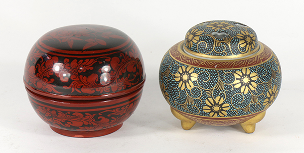 (lot of 2) Japanese circular Kutani tripod censer, floral design in gilt and color, heart shaped