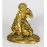 French gilt bronze figural sculpture after Moreau, depicting a beauty in period dress kneeling on