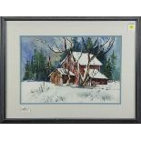 Snow on the Barn, watercolor, signed "Carole Bass" lower left, 20th century, overall (with frame):