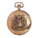 Elgin 14k multi gold hunting case pocket watch Dial: white enamel, Arabic numerals, spade hands,