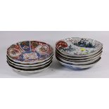 (lot of 9) Japanese Imari dishes, Meiji period: five clam shaped dishes decorated with landscape and